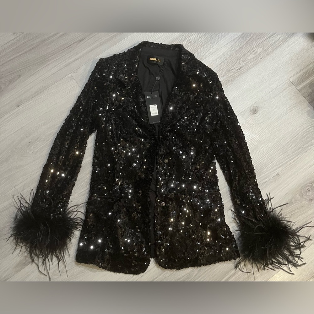 Black Sequin Blazer with Feather Cuffs - Picture 4 of 15